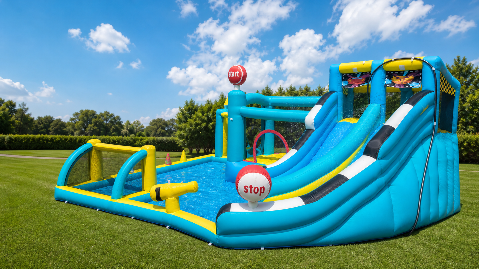 Kids enjoying an All4Party inflatable water slide in a Houston backyard